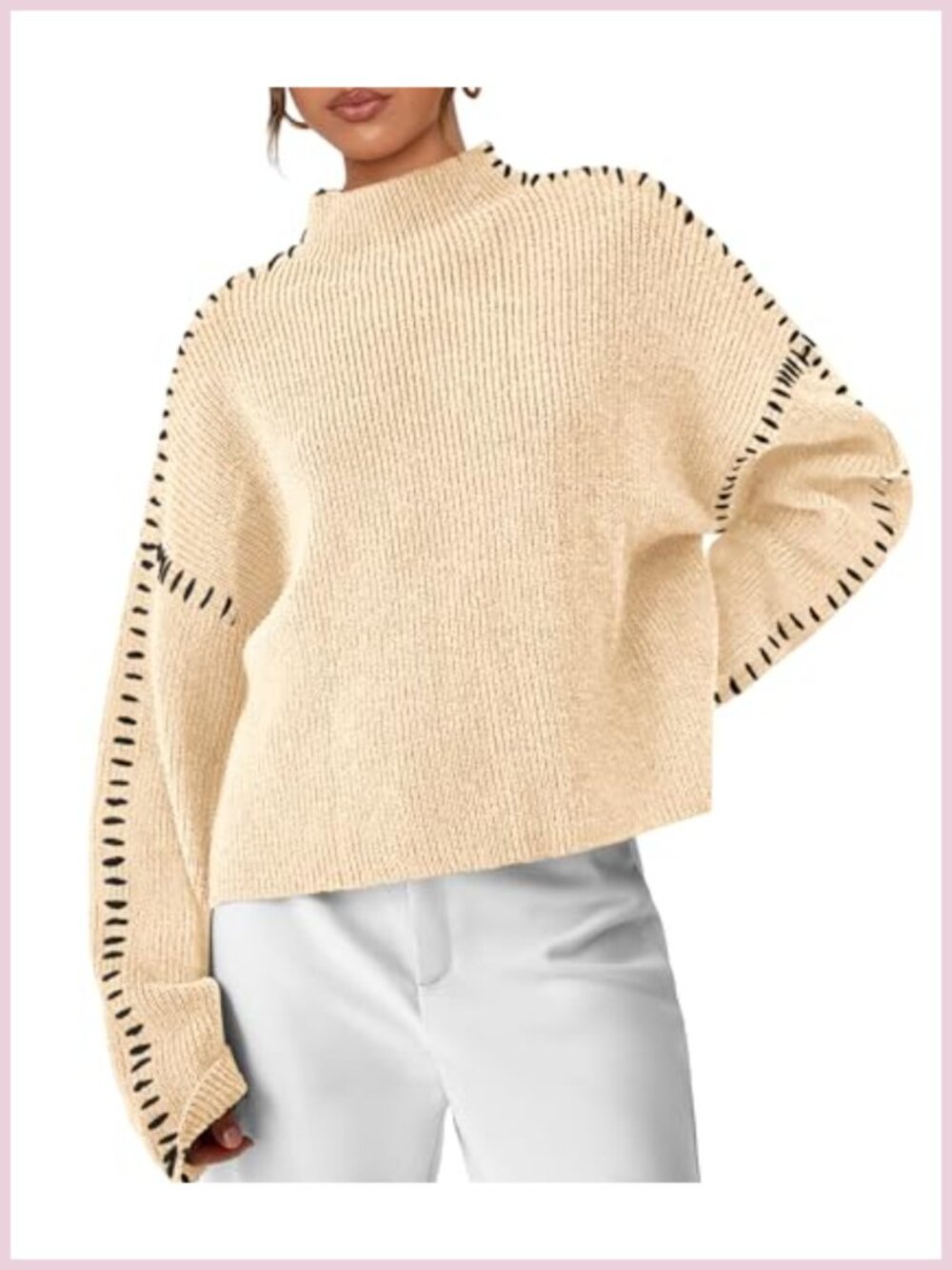 Chunky Knit Oversized Pullover Sweater Mock Neck Drop Shoulder